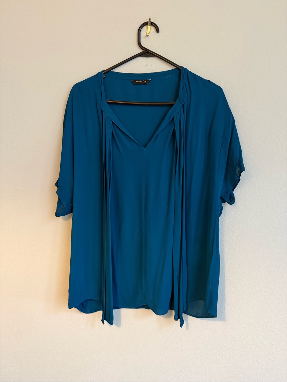 Massimo Dutti Teal Short-Sleeve V-Neck Blouse with Front Ties